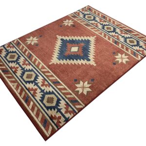 Nevita Collection Southwestern Native American Design Area Rug Southwest Design Rugs Geometric South West Pattern (Orange (Terra) Blue Beige Red, 5'3" x 7'1")