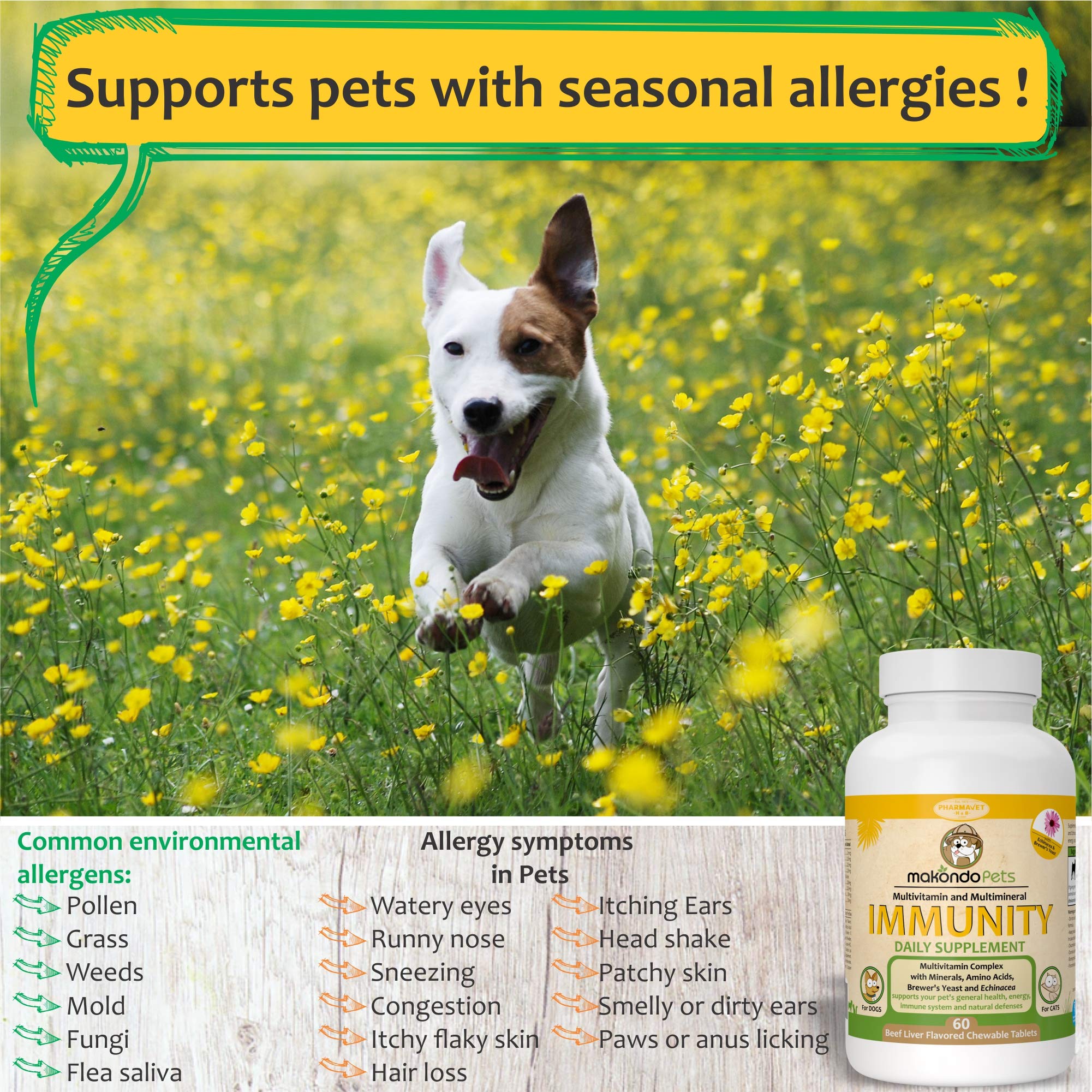 Immune Support Dog Supplement - Dog Allergy Relief with Vitamins, Minerals, Echinacea and Brewers Yeast for Dogs - Immunity Dog Health Supplies, Dog Itch Relief - Cat & Dog Vitamins and Supplements