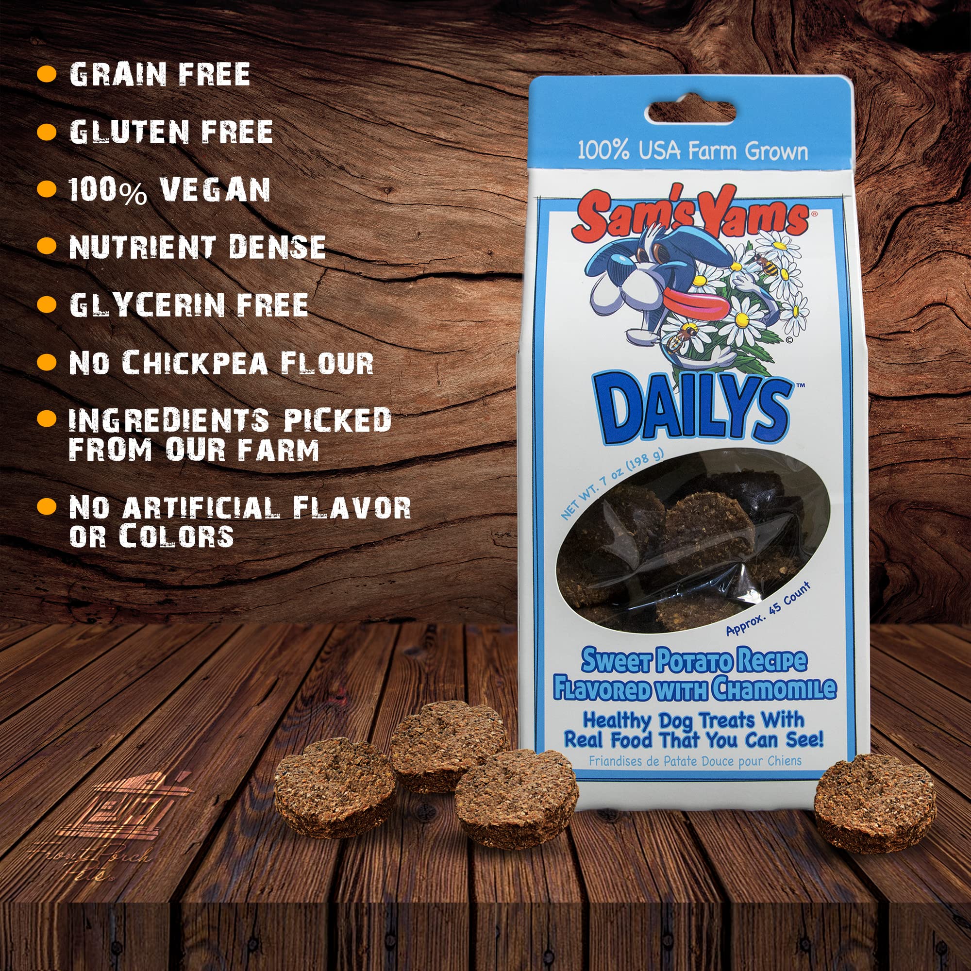 Sams Yams Sweet Potato Dog Treats, Healthy Dog Treats for Large, Medium, Small Breed Dogs, Sweet Potato Dog Chews Made in USA - Sam's Yams DAILY'S Sweet Potato Recipe Flavored with Chamomile, 7oz