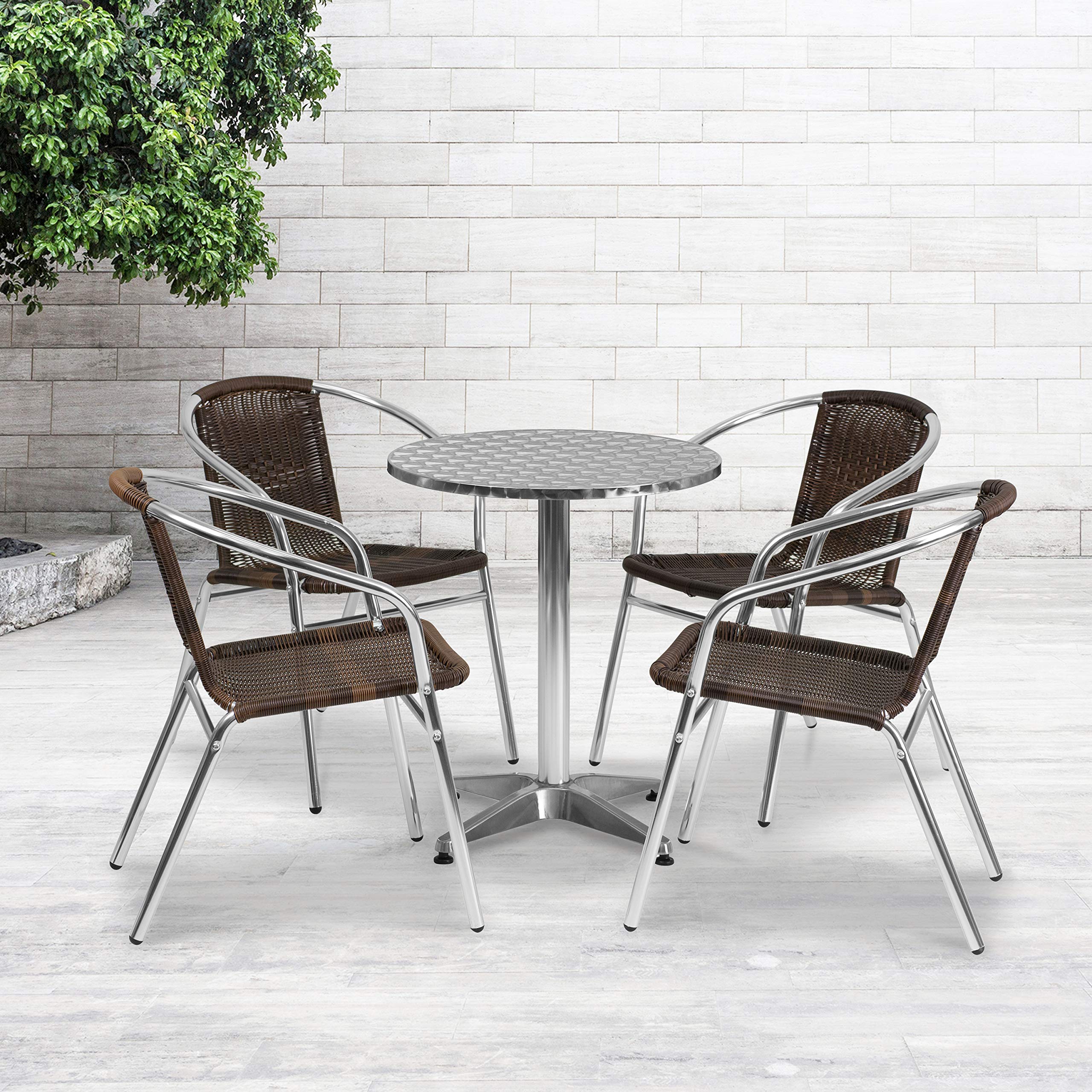 Flash Furniture Lila 23.5'' Round Aluminum Indoor-Outdoor Table Set with 4 Dark Brown Rattan Chairs