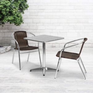 flash furniture lila 23.5'' square aluminum indoor-outdoor table set with 2 dark brown rattan chairs