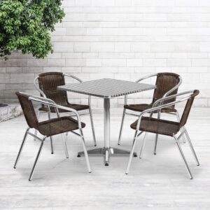 flash furniture lila 27.5'' square aluminum indoor-outdoor table set with 4 dark brown rattan chairs