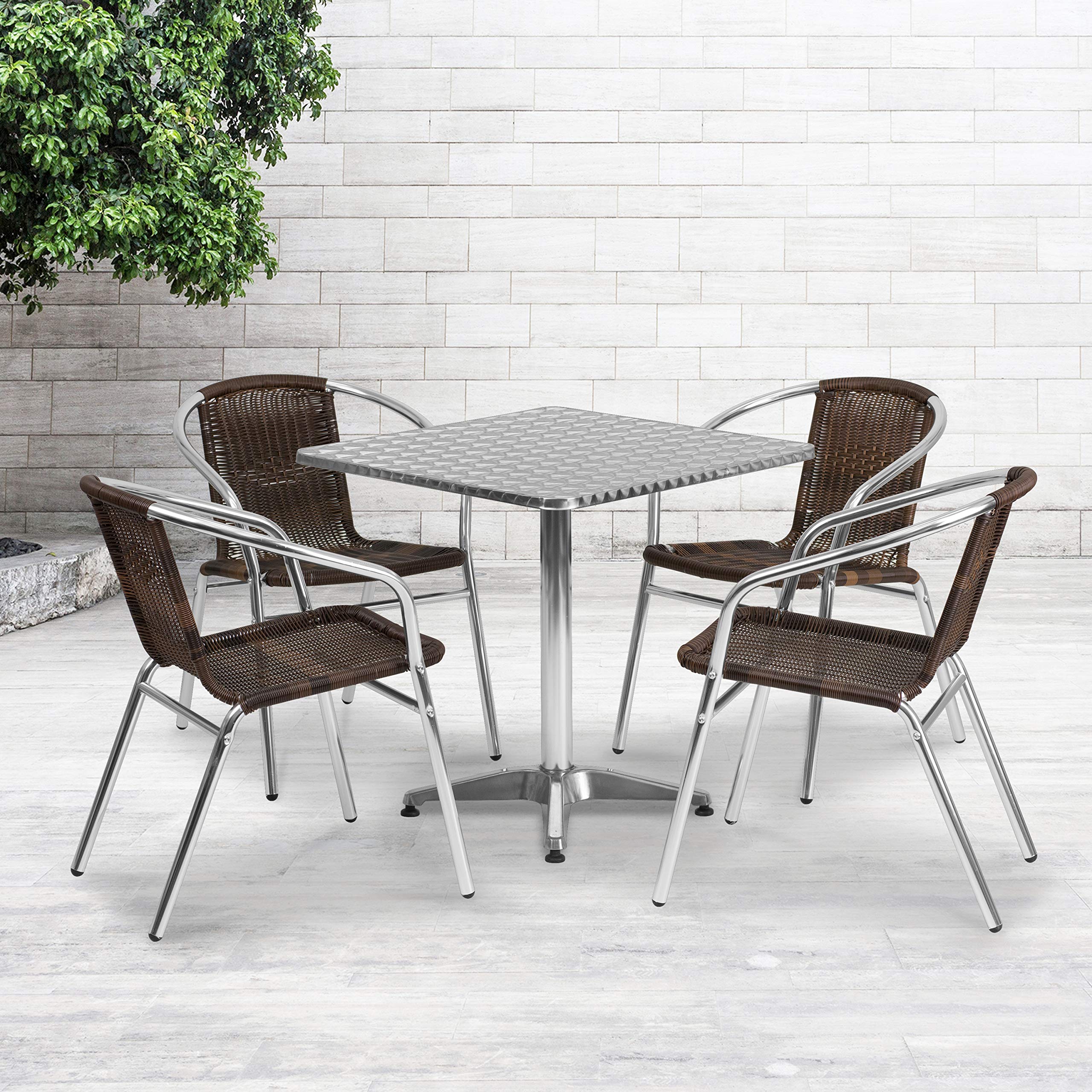 Flash Furniture Lila 27.5'' Square Aluminum Indoor-Outdoor Table Set with 4 Dark Brown Rattan Chairs