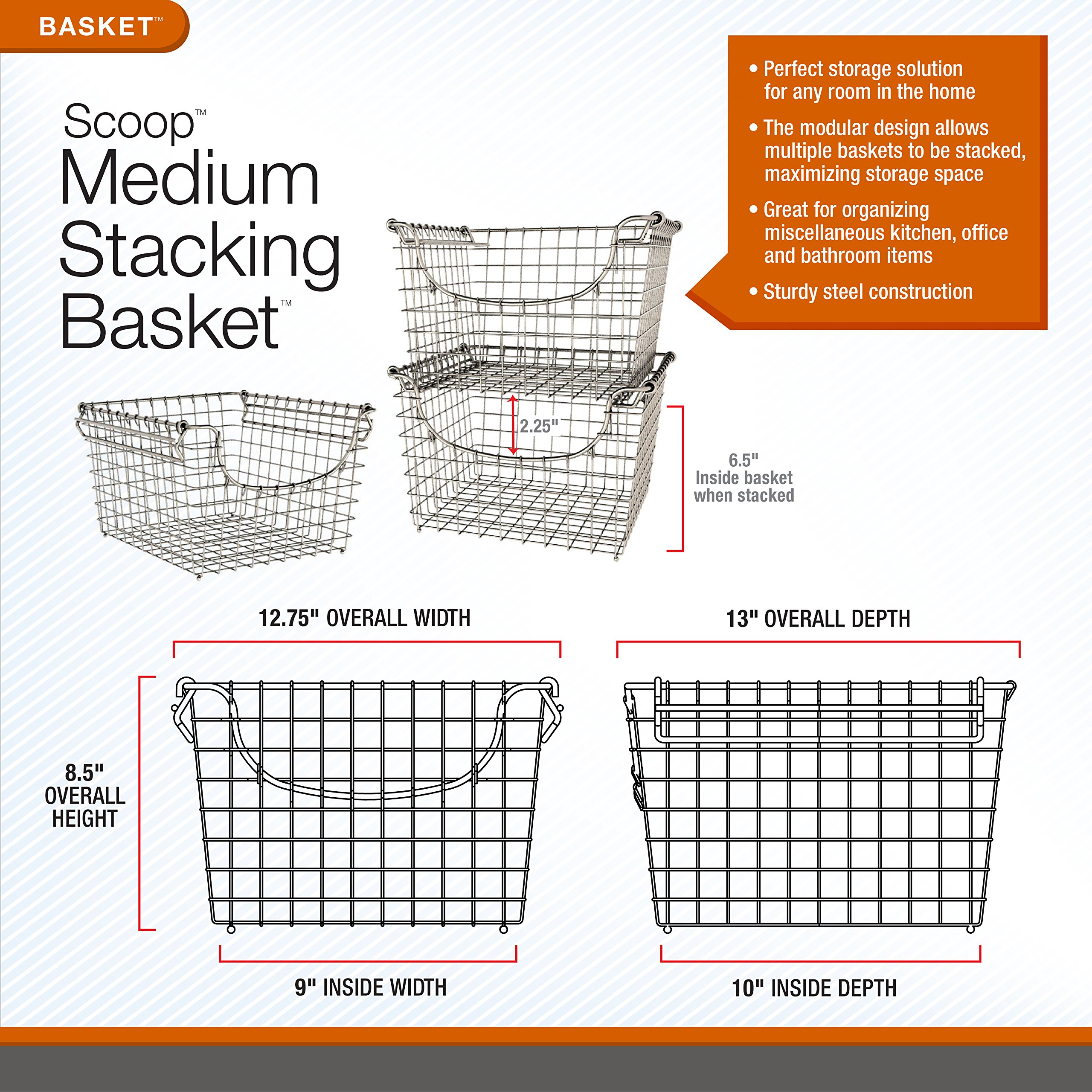 Spectrum Diversified Scoop Stacking Storage Basket, Medium, Satin Nickel (03277)