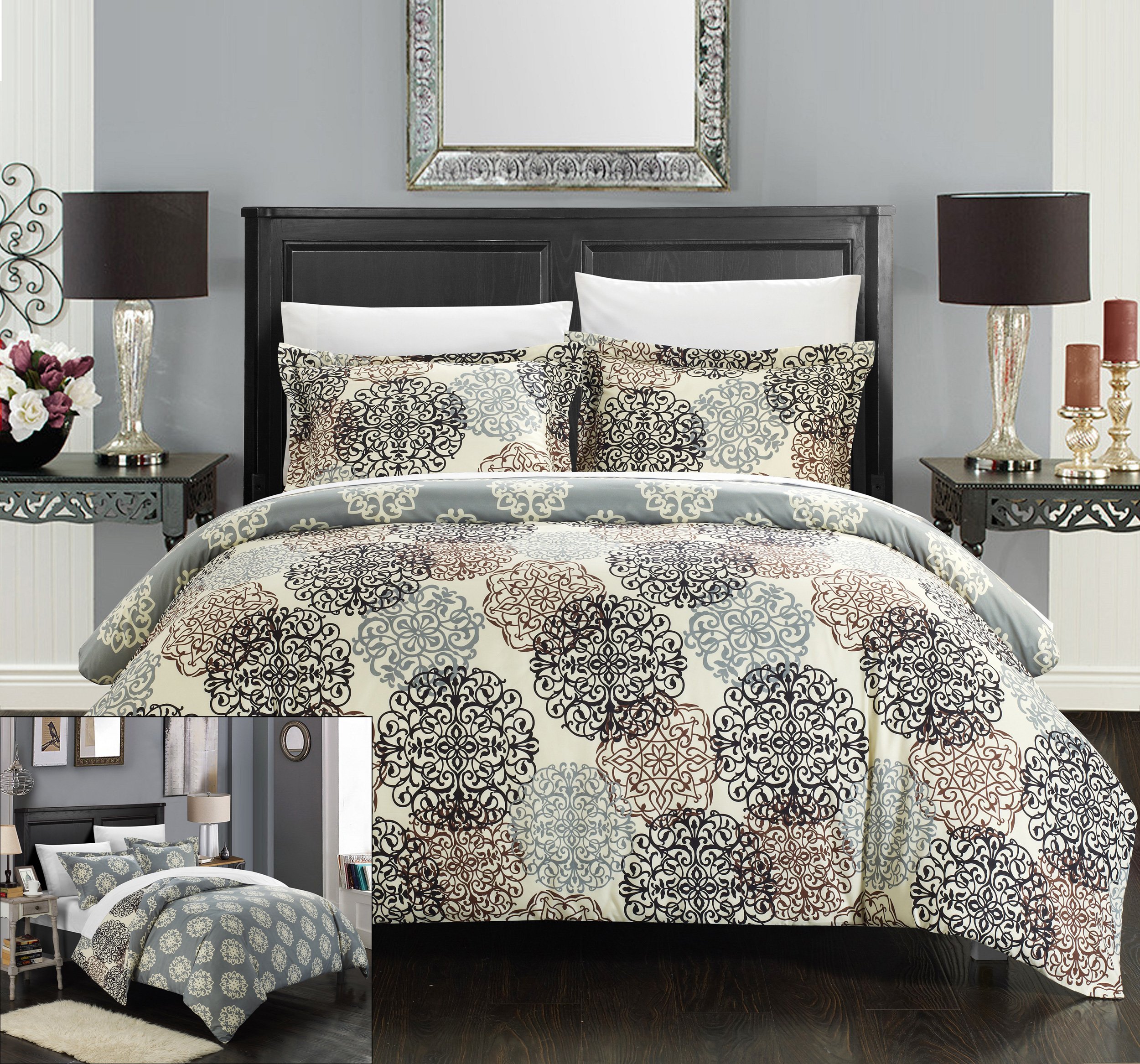 Chic Home 2 Piece Jerome Boho Inspired Reversible Print Duvet Set, Twin, Beige