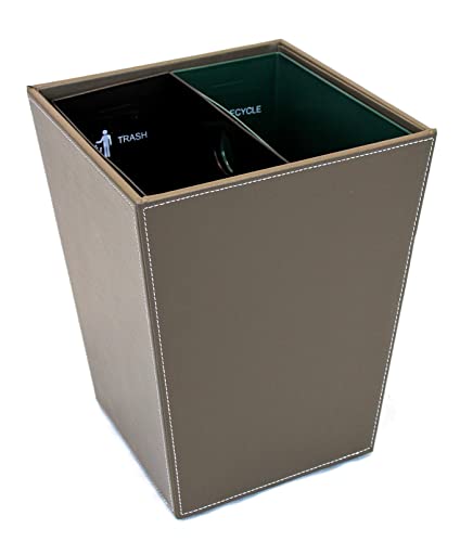 Hospitality Source Leatherette Recycle Waste Bin with Dual Liners for Home or Office. 14.5 Quart Capacity. (Brown)