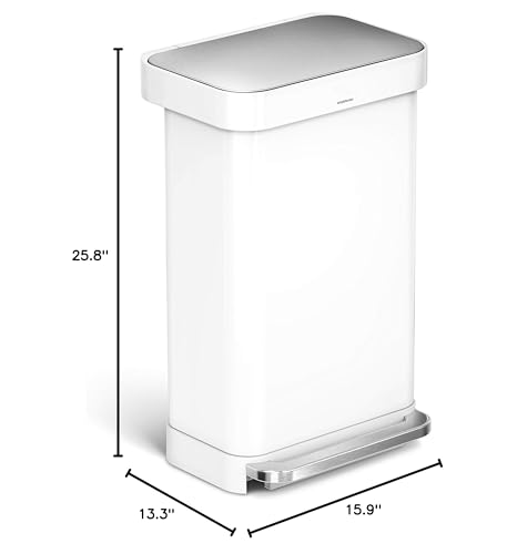 simplehuman Kitchen Trash Can with Lid, Touchless Waste Bin, Large 45 Liter, Rectangular, White Stainless Steel