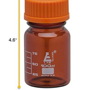 EISCO Reagent Bottle, 100ml - Amber Colored Glass - Orange Screw Cap, Drip Free Pouring Ring - White Graduations - Borosilicate 3.3 Glass