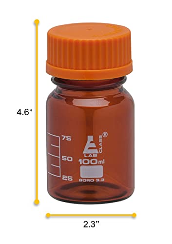 EISCO Reagent Bottle, 100ml - Amber Colored Glass - Orange Screw Cap, Drip Free Pouring Ring - White Graduations - Borosilicate 3.3 Glass