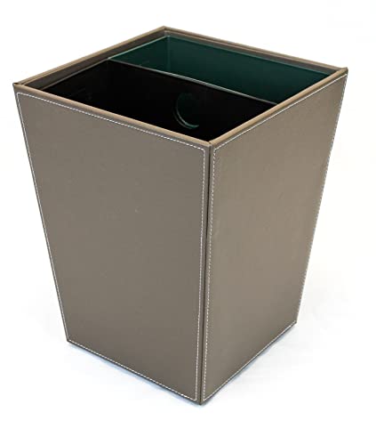 Hospitality Source Leatherette Recycle Waste Bin with Dual Liners for Home or Office. 14.5 Quart Capacity. (Brown)