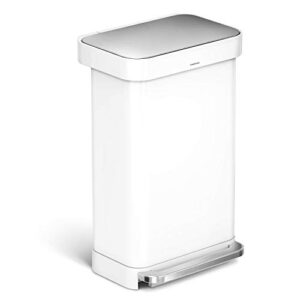 simplehuman kitchen trash can with lid, touchless waste bin, large 45 liter, rectangular, white stainless steel