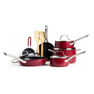 red volcano textured ceramic nonstick, 12 piece cookware pots and pans set with stainless steel handles, pfas pfoa & ptfe free, dishwasher safe, oven & broiler safe to 600 degrees, red