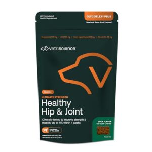 vetriscience ultimate strength healthy hip & joint chews, glycoflex glucosamine, chondroitin & green-lipped mussel joint support supplement for dogs, soothe joint discomfort, duck, 60 count