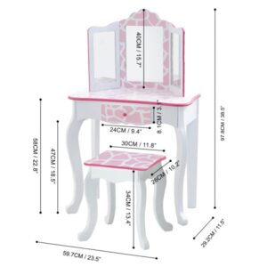 Teamson Kids Princess Gisele Giraffe Print 2-Piece Kids Wooden Play Vanity Set with Vanity Table, Tri-Fold Mirror, Storage Drawer, and Matching Stool, White with Pink Animal Print Accent