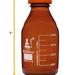 EISCO Reagent Bottle, 500ml - Amber Colored Glass - Orange Screw Cap, Drip Free Pouring Ring - White Graduations - Borosilicate 3.3 Glass