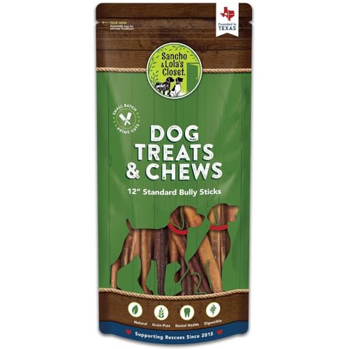 Supreme 12-inch Standard Bully Sticks by Sancho and Lola’s (5 Pack) All-Natural, Long-Lasting Dog Chew Treats - Free-Range, Grass-Fed Beef - Low Odor