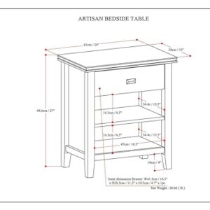 SIMPLIHOME Artisan 24 inches Wide Night Stand, Bedside table, Russet Brown SOLID WOOD, Rectangle, with Storage, 1 Drawer and 2 Shelves, For the Bedroom, Contemporary Modern