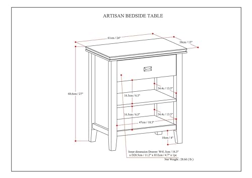 SIMPLIHOME Artisan 24 inches Wide Night Stand, Bedside table, Russet Brown SOLID WOOD, Rectangle, with Storage, 1 Drawer and 2 Shelves, For the Bedroom, Contemporary Modern