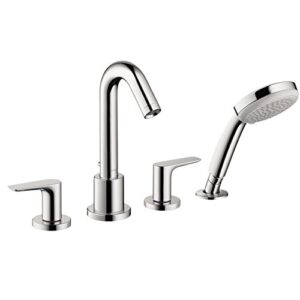 hansgrohe logis modern 2-handle 20-inch wide roman tub filler freestanding bathtub faucetand shower set in chrome, 71514001