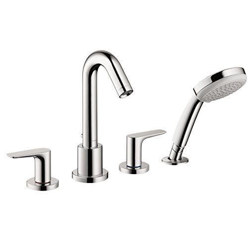 hansgrohe Logis Modern 2-Handle 20-inch Wide Roman Tub Filler Freestanding Bathtub Faucetand Shower Set in Chrome, 71514001