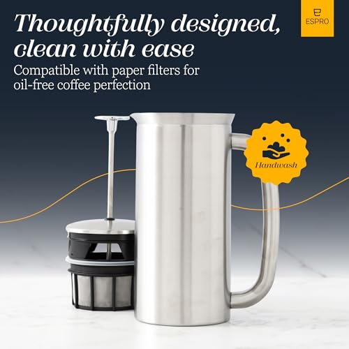 ESPRO - P7 French Press - Double Walled Stainless Steel Insulated Coffee and Tea Maker with Micro-Filter - Keep Drinks Hotter for Longer, Perfect for Home (Brushed Stainless Steel, 18 Oz)