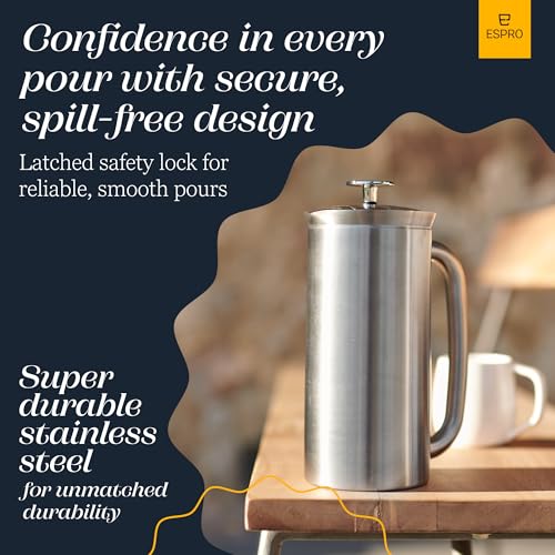 ESPRO - P7 French Press - Double Walled Stainless Steel Insulated Coffee and Tea Maker with Micro-Filter - Keep Drinks Hotter for Longer, Perfect for Home (Brushed Stainless Steel, 18 Oz)