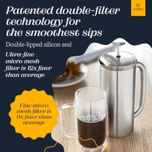 ESPRO - P7 French Press - Double Walled Stainless Steel Insulated Coffee and Tea Maker with Micro-Filter - Keep Drinks Hotter for Longer, Perfect for Home (Brushed Stainless Steel, 18 Oz)