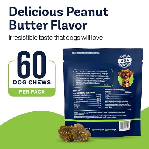 Level Up Pup Dog Hip & Joint Supplement and Inflammation Relief with Glucosamine, Chondroitin, MSM, Hyaluronic Acid, Green Lipped Mussel, Turmeric, and Vitamin E. 60 Peanut Butter Flavor Soft Chews.