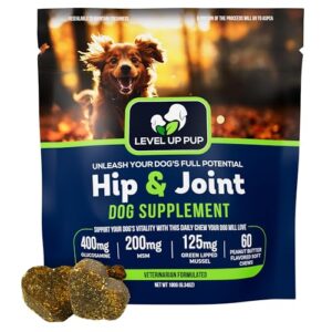 level up pup dog hip & joint supplement and inflammation relief with glucosamine, chondroitin, msm, hyaluronic acid, green lipped mussel, turmeric, and vitamin e. 60 peanut butter flavor soft chews.