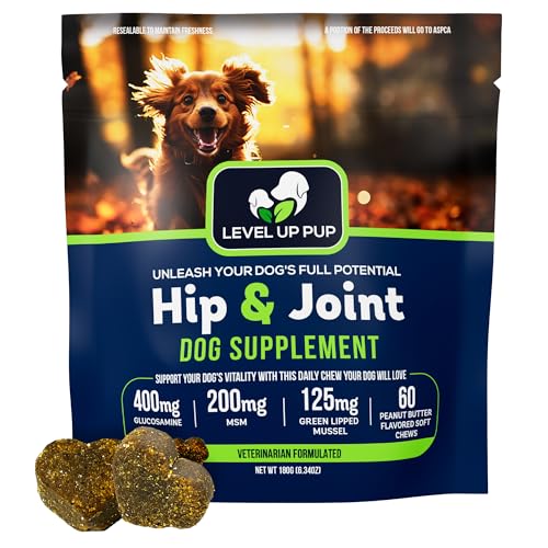 Level Up Pup Dog Hip & Joint Supplement and Inflammation Relief with Glucosamine, Chondroitin, MSM, Hyaluronic Acid, Green Lipped Mussel, Turmeric, and Vitamin E. 60 Peanut Butter Flavor Soft Chews.