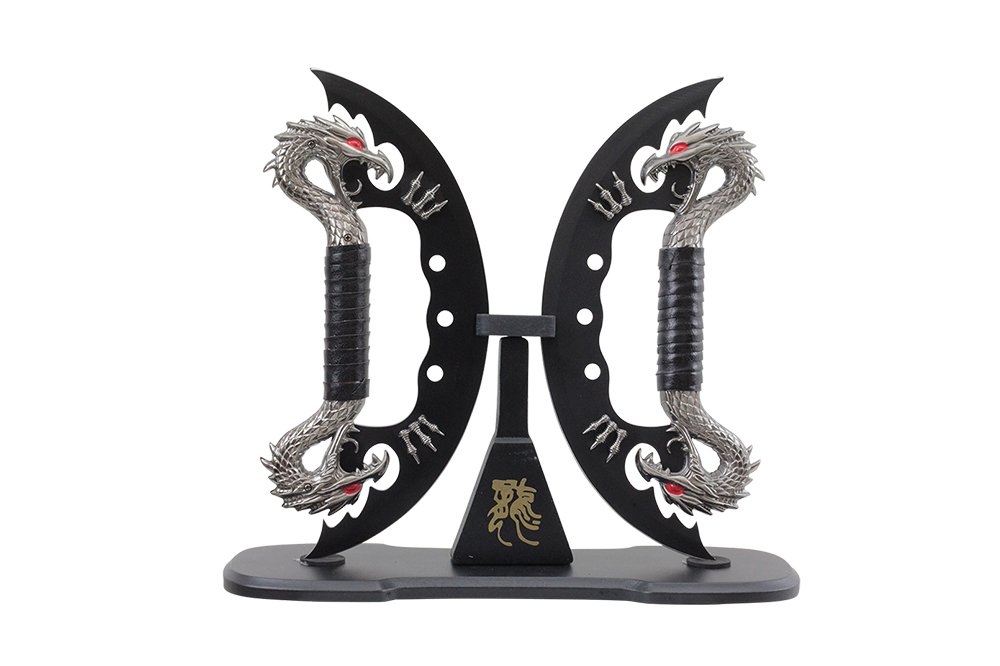 Wuu Jau H-7035-BK Dual Fantasy Dragon Knife Display, 11", Black