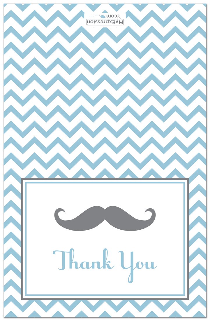 MyExpression.com 50 Cnt Mustache Blue Chevrons Baby Shower Thank You Cards