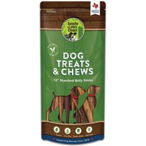 Supreme 12-inch Standard Bully Sticks by Sancho and Lola’s (5 Pack) All-Natural, Long-Lasting Dog Chew Treats - Free-Range, Grass-Fed Beef - Low Odor