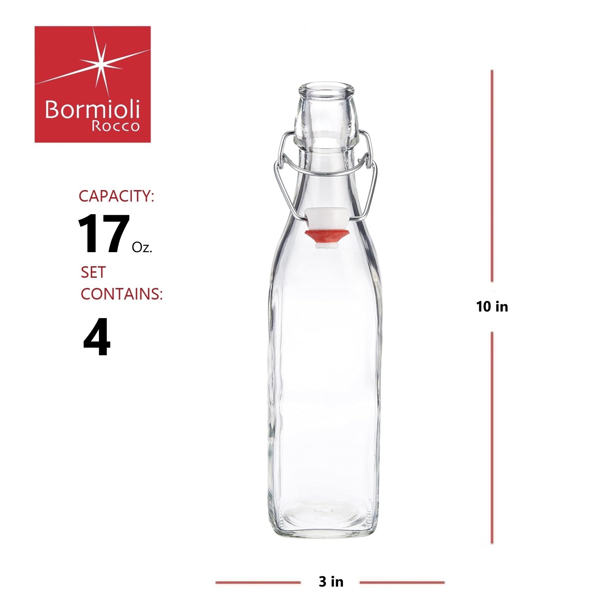 Bormioli Rocco Glass Swing Top Bottle, Set of 4, With Hermetic Lid, Dishwasher Safe, Made In Italy. (17 Ounce)