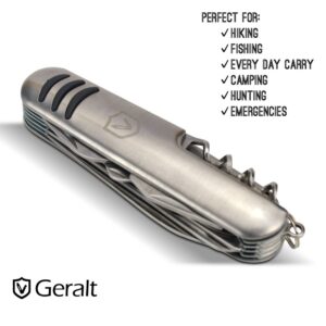 Geralt Pocket Knife 11-in-1 Premium Multi-Tool Heavy Duty Stainless Steel Construction Multi-Function Silver *Survivor Series* With Bottle Opener, Large Folding Knife, Phillips and Flathead Screwdrivers, Saw, Scissors, and More (in Tin or Gift Box)