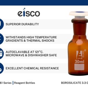 Eisco Labs 500ml Amber Reagent Bottle, Narrow Mouth with Acid Proof Polypropylene Stopper, Socket Size 24/29