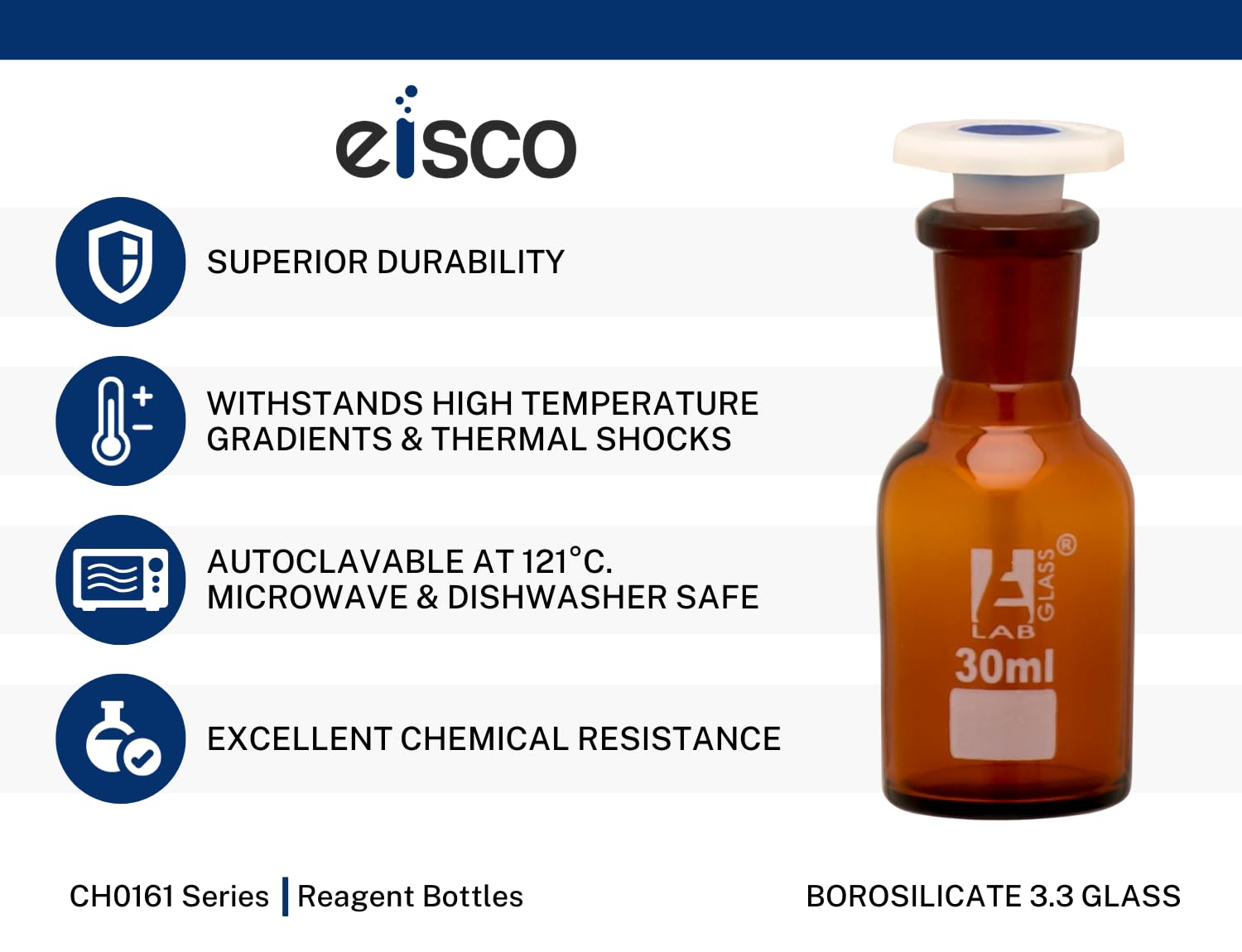 Eisco Labs 500ml Amber Reagent Bottle, Narrow Mouth with Acid Proof Polypropylene Stopper, Socket Size 24/29