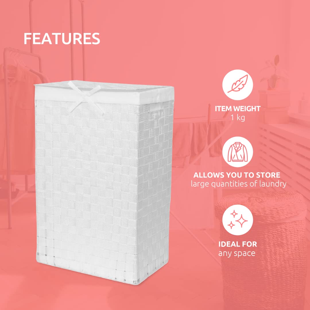 Compactor Rectangle Laundry Basket with Lid, Woven Washing Hamper for Storing Clothes and Linen in Bedrooms and Bathrooms, Removable Liner and Carry Handles, White, Stan Range