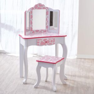 Teamson Kids Princess Gisele Giraffe Print 2-Piece Kids Wooden Play Vanity Set with Vanity Table, Tri-Fold Mirror, Storage Drawer, and Matching Stool, White with Pink Animal Print Accent