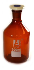 eisco labs 500ml amber reagent bottle, narrow mouth with acid proof polypropylene stopper, socket size 24/29