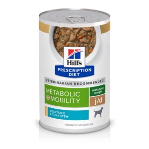 hill's prescription diet metabolic + mobility, weight + j/d joint care vegetable & tuna stew wet dog food, veterinary diet, 12.5 oz. cans, 12-pack