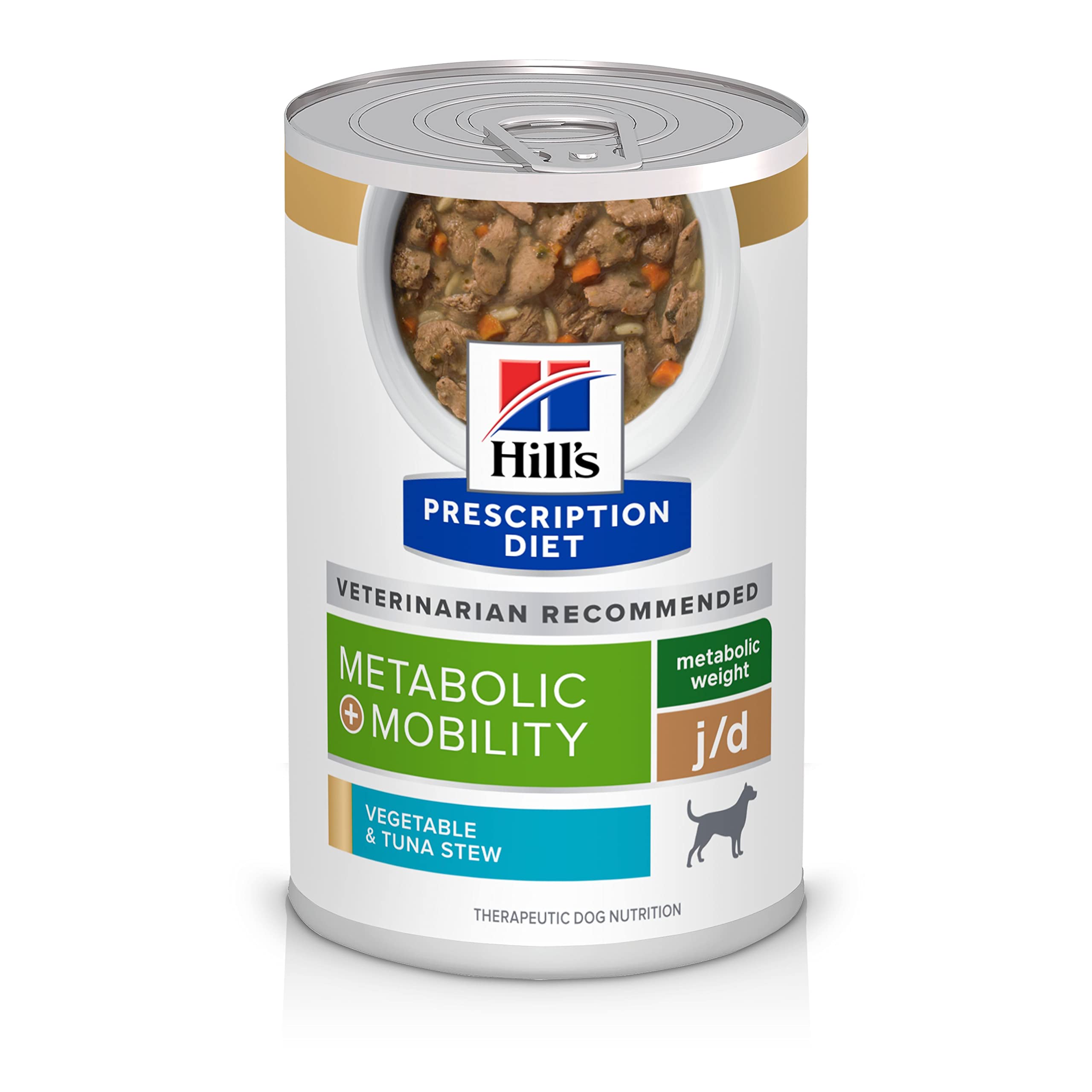 Hill's Prescription Diet Metabolic + Mobility, Weight + j/d Joint Care Vegetable & Tuna Stew Wet Dog Food, Veterinary Diet, 12.5 oz. Cans, 12-Pack