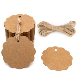 g2plus 100pcs craft scalloped paper gift tags with natural jute twines, 2.36'' round gift tags kraft paper present tags for birthday party, wedding decoration gifts, arts & crafts (brown)