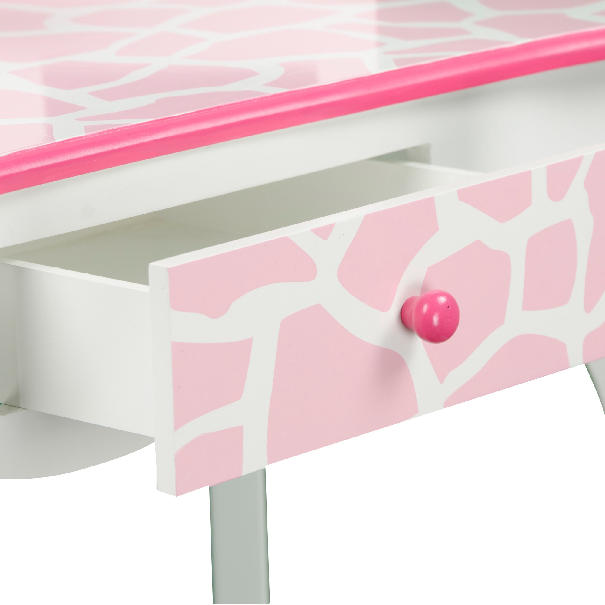 Teamson Kids Princess Gisele Giraffe Print 2-Piece Kids Wooden Play Vanity Set with Vanity Table, Tri-Fold Mirror, Storage Drawer, and Matching Stool, White with Pink Animal Print Accent