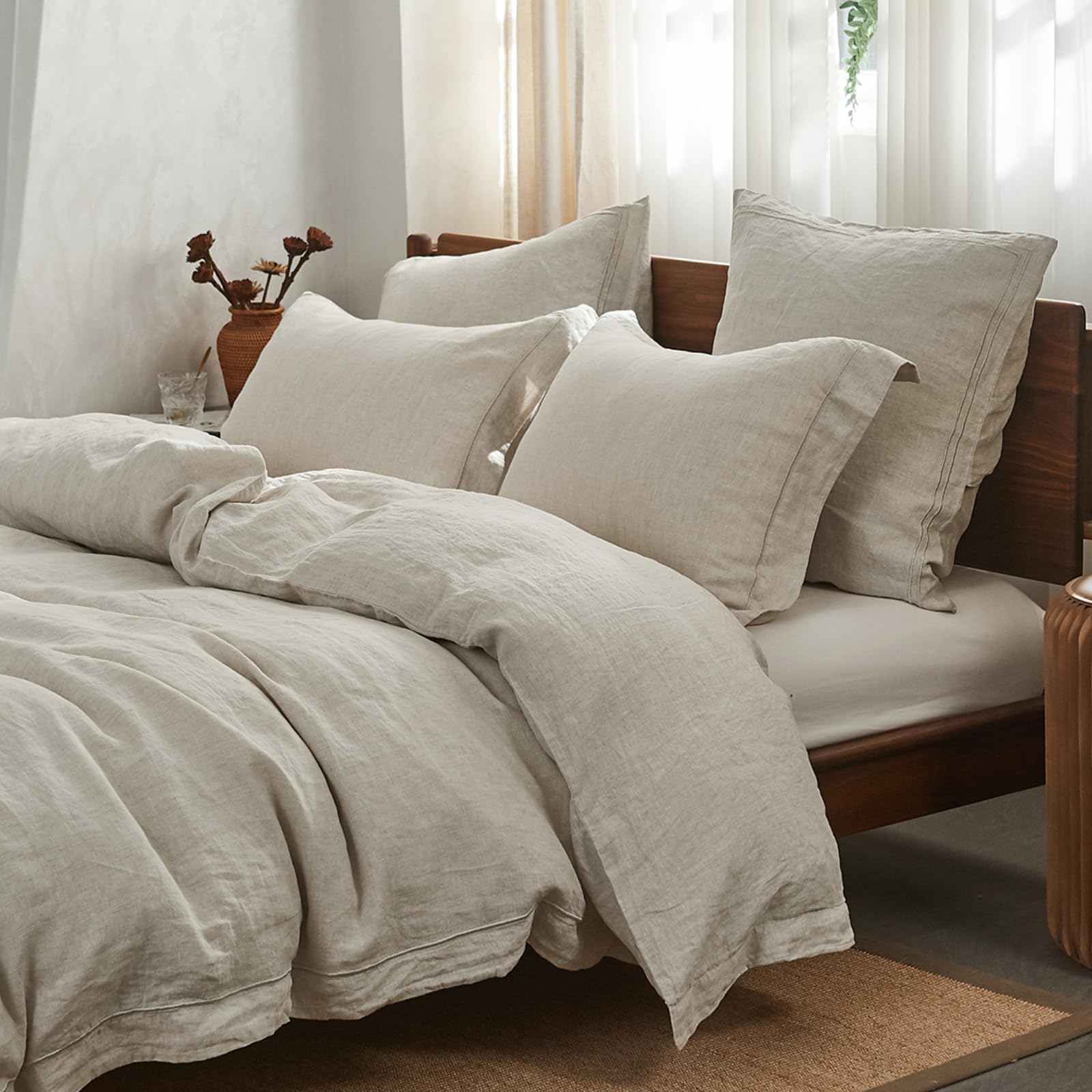 Simple&Opulence 100% Washed Linen Duvet Cover Set with Embroidered,King Size(104"x92"),3 Pieces Soft Farmhouse Comforter Set with Button Closure,1 Duvet Cover and 2 Pillowshams(King,Natural Linen)