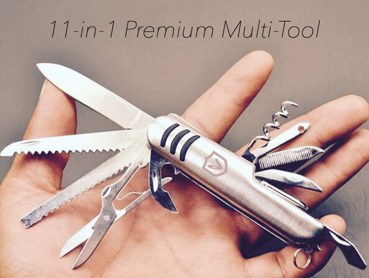 Geralt Pocket Knife 11-in-1 Premium Multi-Tool Heavy Duty Stainless Steel Construction Multi-Function Silver *Survivor Series* With Bottle Opener, Large Folding Knife, Phillips and Flathead Screwdrivers, Saw, Scissors, and More (in Tin or Gift Box)