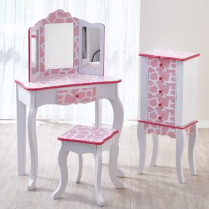 Teamson Kids Princess Gisele Giraffe Print 2-Piece Kids Wooden Play Vanity Set with Vanity Table, Tri-Fold Mirror, Storage Drawer, and Matching Stool, White with Pink Animal Print Accent