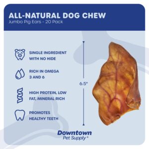 Downtown Pet Supply - Jumbo Pig Ears - Dog Dental Treats & Rawhide-Free Dog Chews - Healthy Coat & Skin Care, Cholesterol & Heart Health Dog Treats - Protein, Vitamins & Minerals - 20 Pack