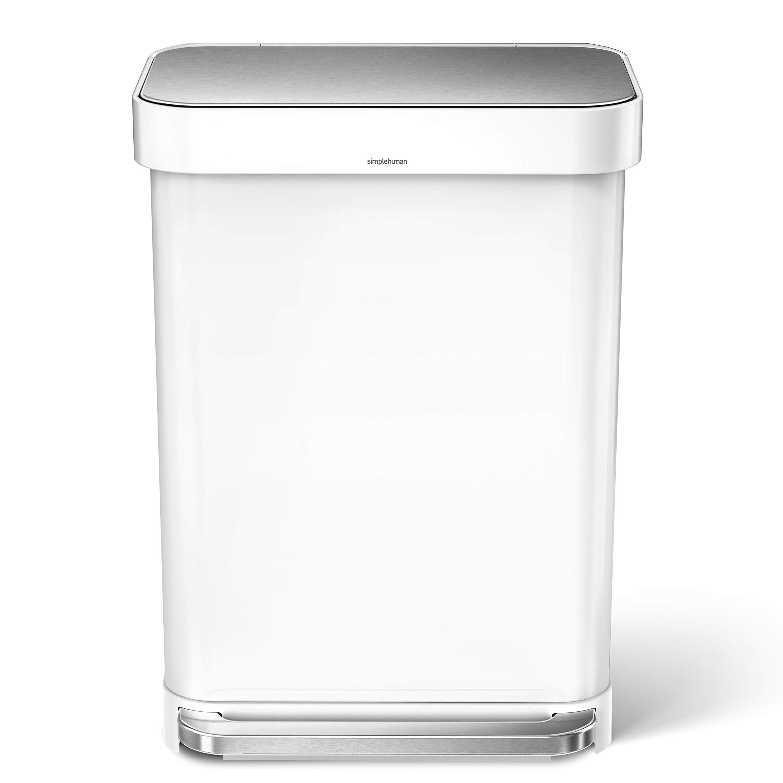 simplehuman 55 Liter Rectangular Kitchen Step Soft-Close Lid, White Stainless Steel Trash can