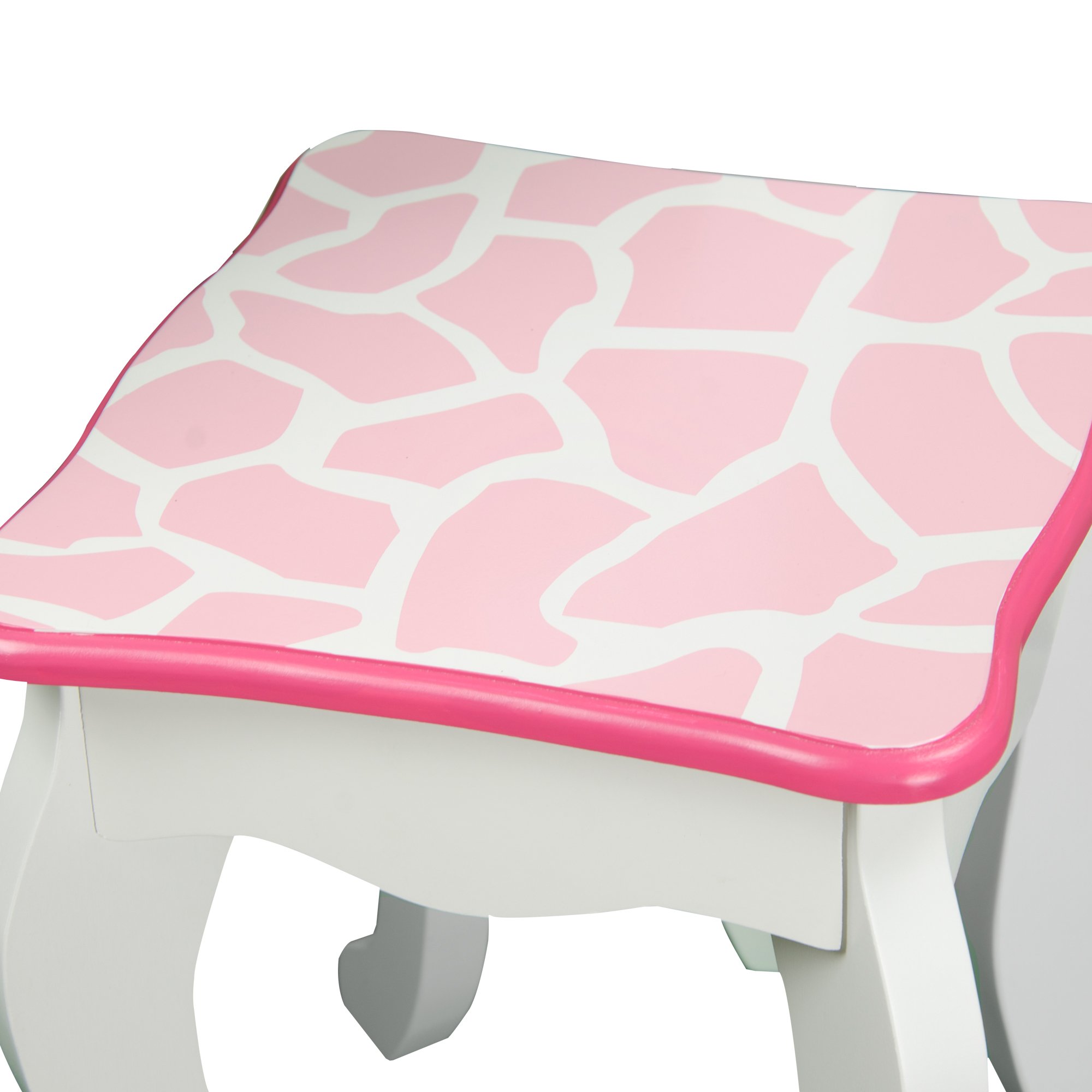 Teamson Kids Princess Gisele Giraffe Print 2-Piece Kids Wooden Play Vanity Set with Vanity Table, Tri-Fold Mirror, Storage Drawer, and Matching Stool, White with Pink Animal Print Accent